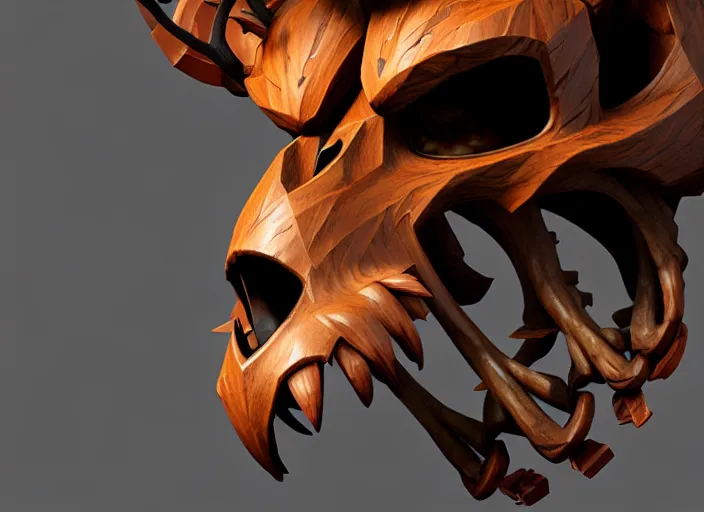 Image similar to brown wooden festeroot lion skull treant head, stylized stl, 3 d render, activision blizzard style, hearthstone style, darksiders art style, greg rutkowski style