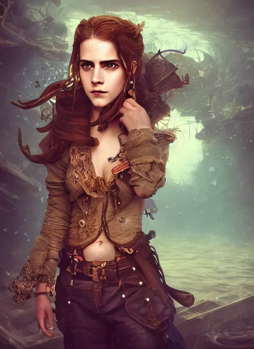 Image similar to underwater pirate steampunk portrait of emma watson, hyper detailed, digital art, cinematic lighting, studio quality, smooth render, unreal engine 5, octane rendered, art style by klimt and nixeu and ian sprigger and wlop and krenz cushart.