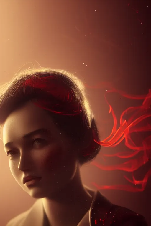 Image similar to a vintage photograph of a communist girl, strong subsurface scattering, red smoke, gold cables, dramatic lighting, stunning scene, highly detailed, concept art, octane render, trending on artstation