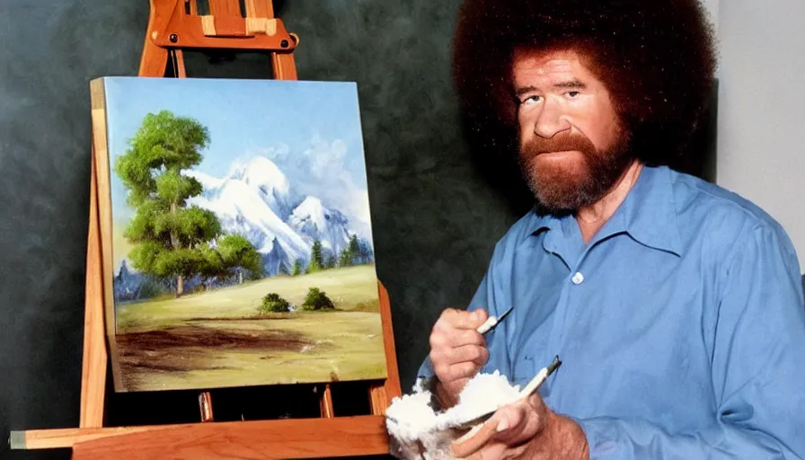 Prompt: bob ross snorting a fat line of cocaine with a beautiful landscape painting on an easel behind him
