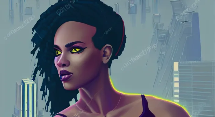 Image similar to portrait of beautiful cyberpunk black woman, rio de janeiro!! pao de acucar!! corcovado ipanema!! on the background, soft purple lighting digital art trending on artstation concept art