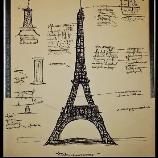 Image similar to eiffel tower schematics sketched by leonardo da vinci