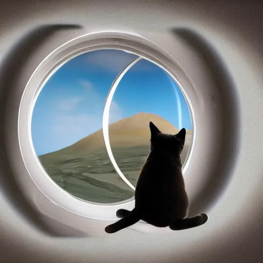 Image similar to cat watching martian landscape, standing inside a futuristic window, next to a food bowl