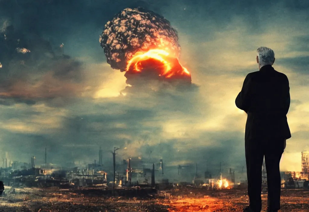 Image similar to old man with ( black cat ) watching nuke explosion cinematic, background blur bokeh, world ending nuke, 4 k