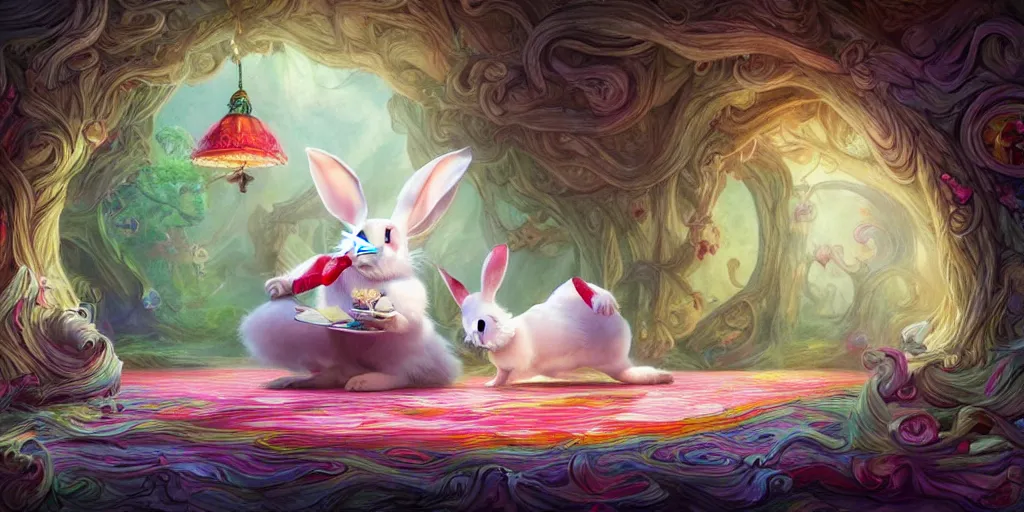 Image similar to The White Rabbit, Alice in wonderland, colorful, wide angle, super highly detailed, professional digital painting, artstation, concept art, smooth, sharp focus, no blur, no dof, extreme illustration, Unreal Engine 5, Photorealism, HD quality, 8k resolution, cinema 4d, 3D, beautiful, cinematic, art by artgerm and greg rutkowski and alphonse mucha and loish and WLOP