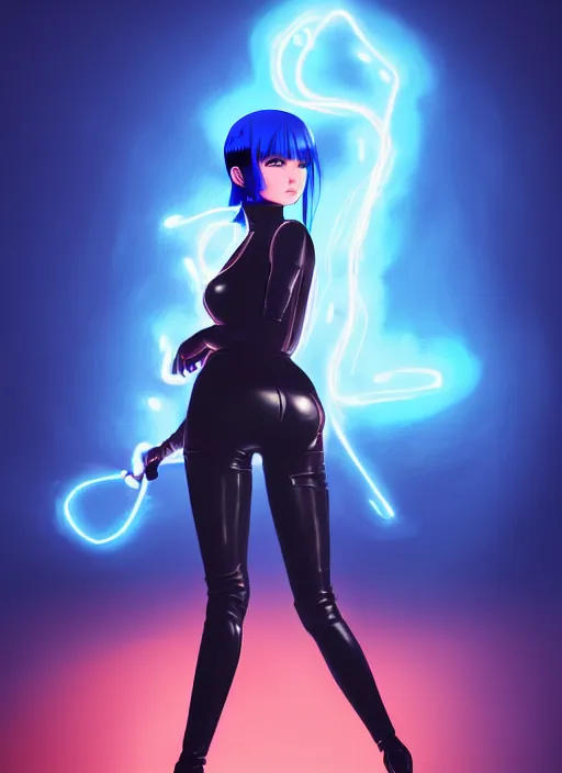 Image similar to hyper realistic photograph portrait of pretty girl with blue hair, wearing a full leather outfit, holding a whip, dramatic lighting by makoto shinkai, ilya kuvshinov, lois van baarle, rossdraws, basquiat