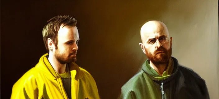 Prompt: a beautiful oil painting of jesse pinkman and heisenberg from breaking bad, both with a yellow lab coat, the school of athens by raphael