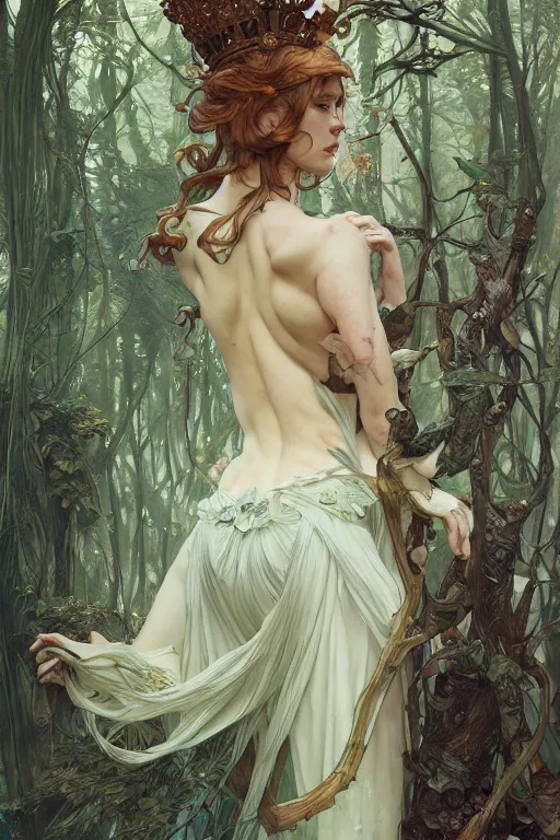 Prompt: a full body portrait of a beautiful forest queen akimbo, intricate, elegant, highly detailed, digital painting, artstation, concept art, smooth, sharp focus, illustration, art by krenz cushart and artem demura and alphonse mucha