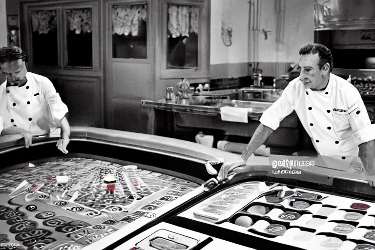 Prompt: italian chef taking a bath on a roulette table, fisher - price scene from tv show photography