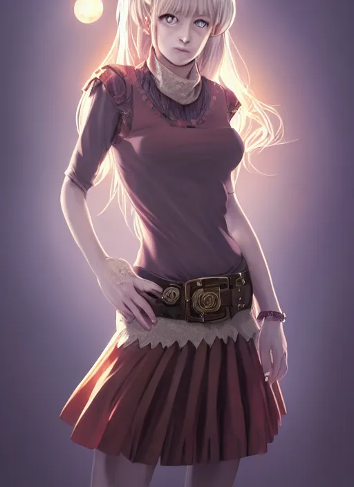 Image similar to portrait of a full body of beautiful young female detective, d & d, sleeveless turtleneck, pleated skirt, fantasy, flat lighting, intricate, highly detailed, digital painting, artstation, concept art, smooth, sharp focus, illustration, misa amane, art by simon bisley and greg rutkowski and alphonse mucha, natural tpose