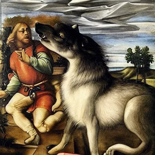 Image similar to retarded wolf portrait, renaissance painting