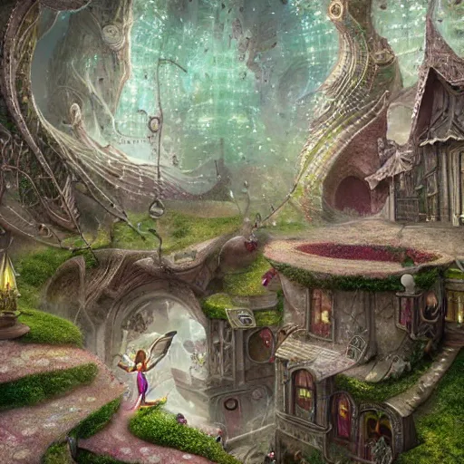 Image similar to **A elf and fairy world, hyper detailed, matte painting, book illustration, paper texture, fairy dust, post processing