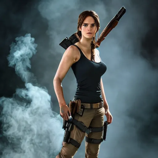 Image similar to Lara Croft cosplay by Emma Watson, 8k, professional photography, cinematic studio shot, dark, smoke
