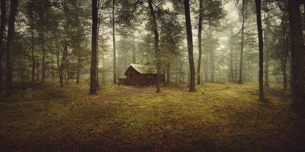 Image similar to a cottage in the woods and empty woods, 80mm lens, 8k, fantasy, hyper realistic, dramatic lighting, cinematic