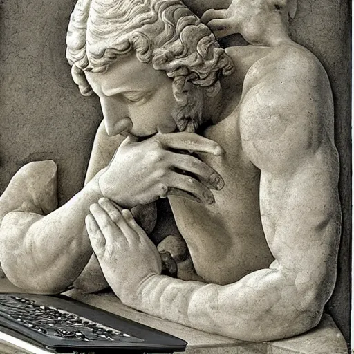 Image similar to photo of a intricately detailed marble statue of david facepalming with a laptop on his lab, because of his slow internet by leonardo davinci