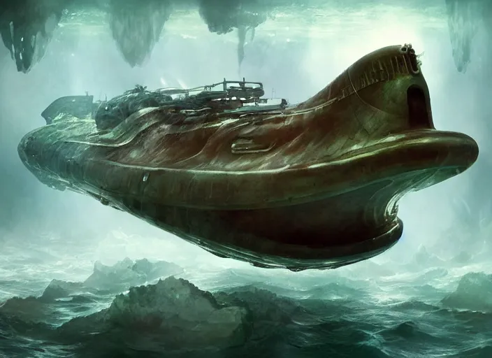 Image similar to deviant art, artgerm, metal submarine underwater in the lake of an alien planet, detailed, artstation, by kim keever, digital art