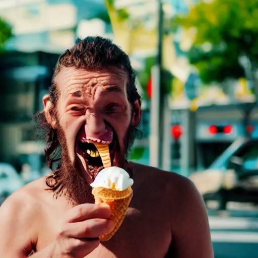 Prompt: portrait of a xenomorph eating ice cream on a hot sunny day, photography