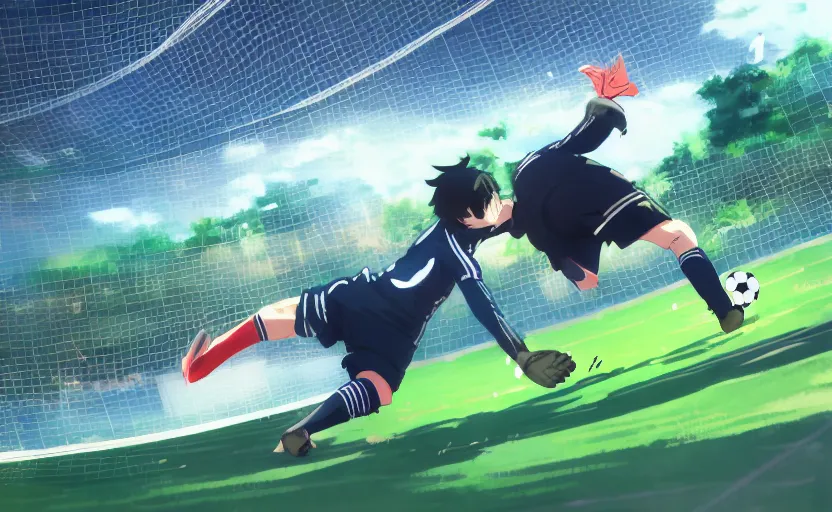 Image similar to An obese goal keeper saving a penalty, soccer game, anime scenery by Makoto Shinkai, digital art