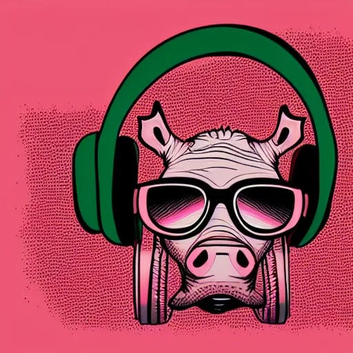 Image similar to a close up of a beautiful rhino wearing shades and headphones, in retro colors, synthwave style, 2 d digital vector art