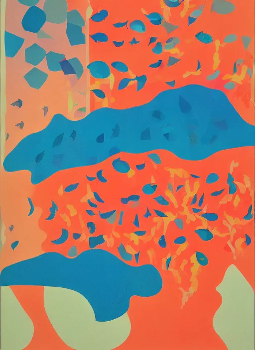 Prompt: a beautiful painting of a giant colorful coral reef filled with a school of fish on a white background by Sonia Delaunay, risograph print, paper cutouts, japanese woodblock by Steven Wiltshire and by Jean Giraud