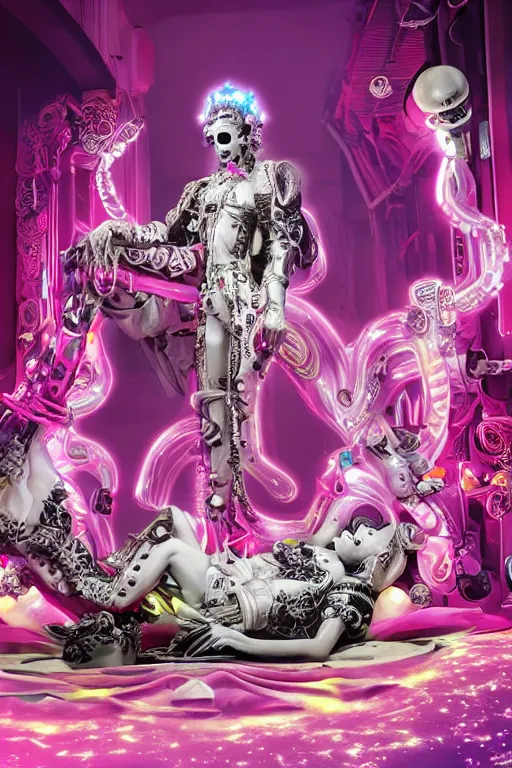 Image similar to full-body rococo and cyberpunk style neon statue of a young attractive aladdin macho dotado e rico android sim roupa reclining con las piernas abertas e la piroca dura, glowing white laser eyes, prince crown of pink gears, diamonds, swirling silver-colored silk fabric. futuristic elements. full-length view. space robots. human skulls. intricate artwork by caravaggio. Trending on artstation, octane render, cinematic lighting from the right, hyper realism, octane render, 8k, depth of field, 3D