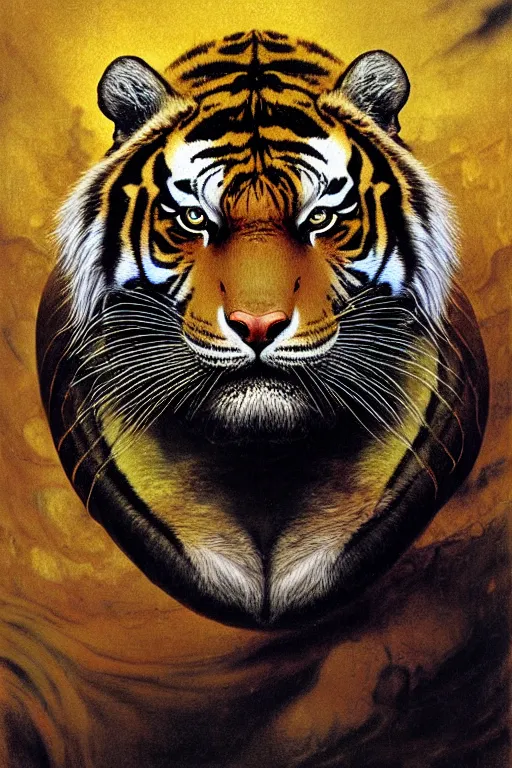 Image similar to turbulent tiger with gold and blue stripes in the style of wayne barlowe, gustav moreau, goward, bussiere, roberto ferri, santiago caruso, luis ricardo falero, austin osman spare