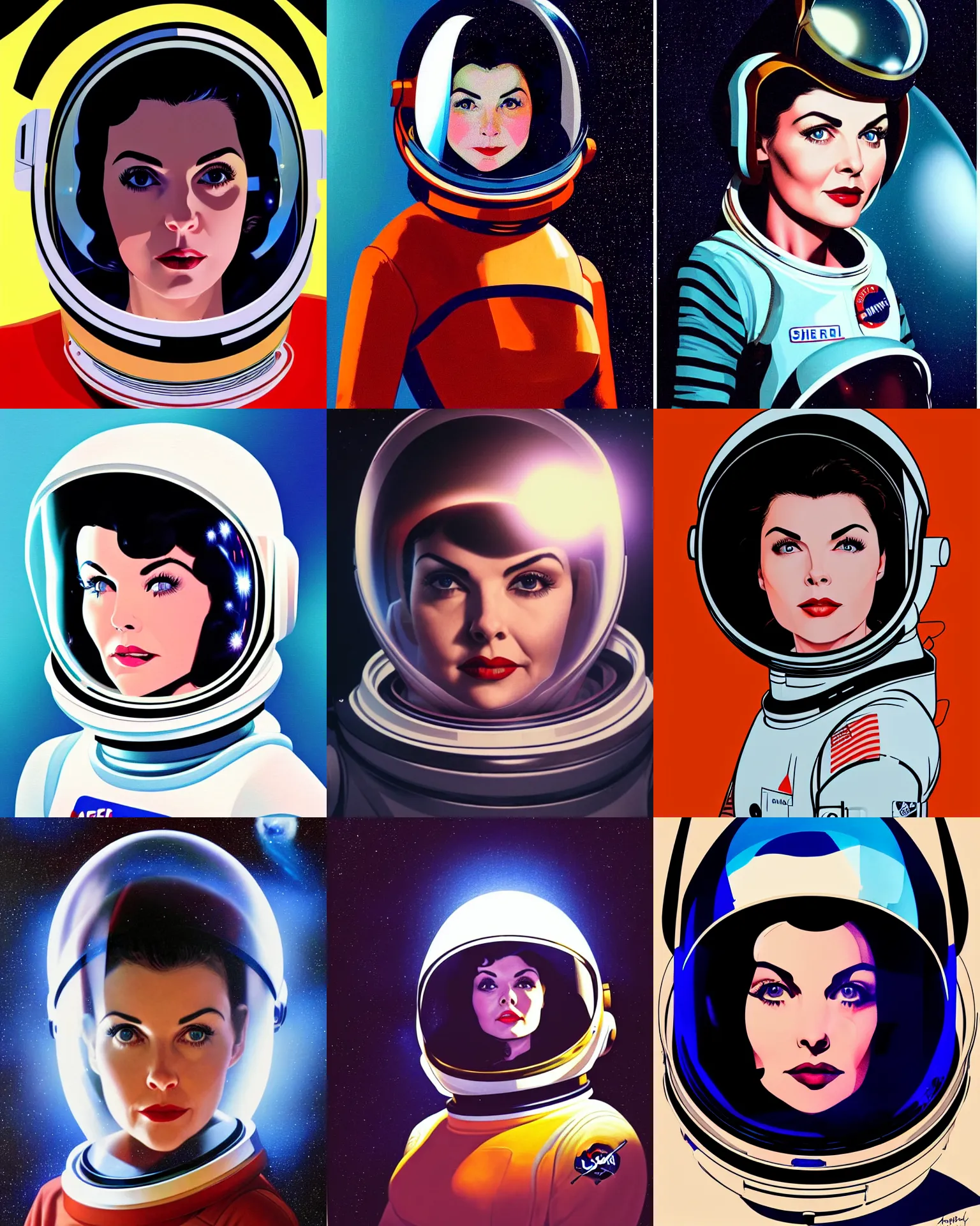 Prompt: sherilyn fenn 2 6 years old astronaut, wearing space helmet with lights reflecting, in the film 2 0 0 1 a space odyssey, half portrait by stanley artgerm, dramatic lighting, ilya kuvshinov, trending on artstation, flat colour, geometric curves, gradient filter, pleasing tone colours