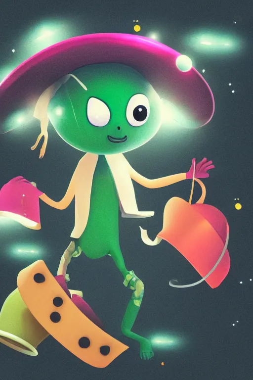 Image similar to an octane rendering of a cute alien choosing a hat to wear, on a black background., cinematic, dramatic, color grading, photojournalism, colorful, highly detailed