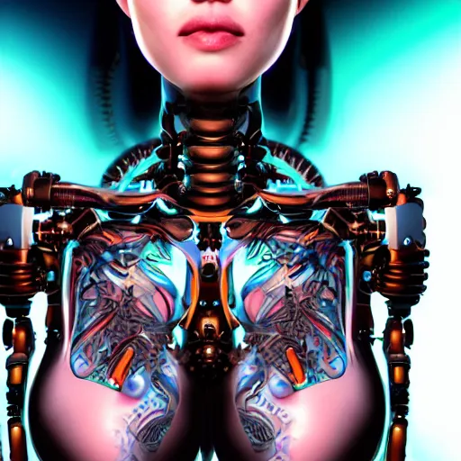 Image similar to an extremely beautiful biomechanical female looking robot with large emoji tattoos, neon jacuzzi, extremely beautiful oppai cyberpunk, chimeric organism, holodeck, pale skin, organic polycarbon, full frontal portrait, highly detailed, transhumanist hydration, symmetrical, mechanical, mendelbrot fractal, ray tracing, hyperdetailed, hyperrealistic, zdislaw beksinski, trending on artstation, octane render, hdr, uhd 4k