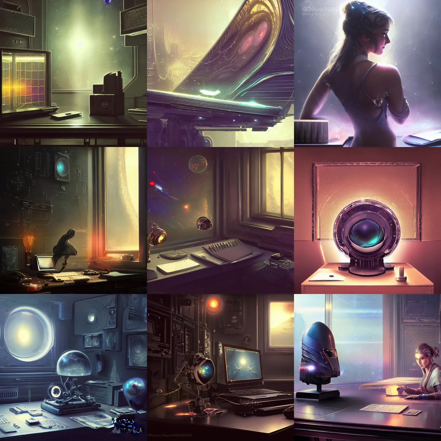 Prompt: photograph or a rare technology artifact treasure from another galaxy on a desk, intimate high quality glistening beautiful dark intricate mood, microchips, technological, rich, moody atmosphere, reflections, specular highlights, intimate realistic detailed background, ornate, 3 d ray traced crystals and gems, artgerm, greg rutkowski