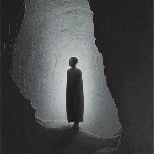 Image similar to an explorer standing in an ancient city!! inside a cave, by Beksinski and Lauire Lipton