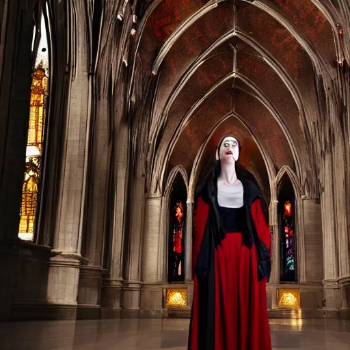 Image similar to movie shot, landcape, architectural shot, no decaying lines, background of an alabaster gothic cathedral, with long ephimeral windows with reflection of red flames, as subject a gothic woman with an intricate arabesque detailed black dressed, macro head face