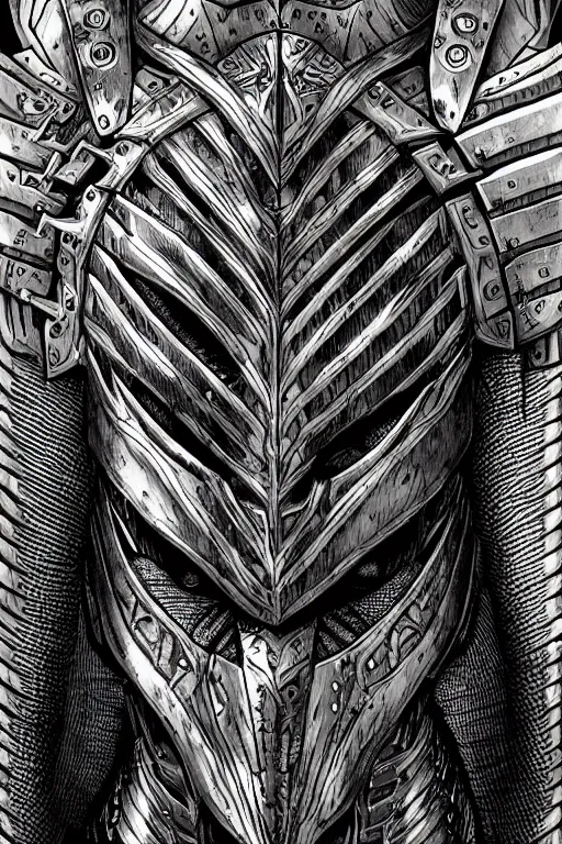 Prompt: armoured warrior, symmetrical, highly detailed, digital art, spine themed armour, sharp focus, trending on art station, kentaro miura manga art style