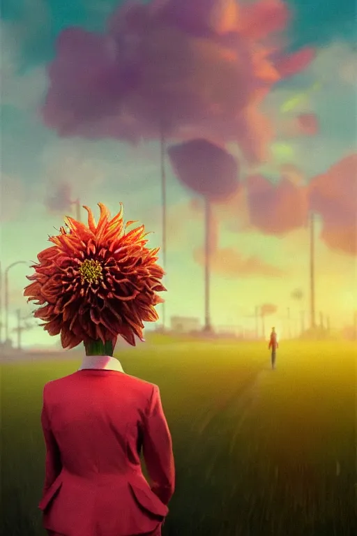 Image similar to closeup giant dahlia flower head, girl in a suit, standing in street, surreal photography, sunrise, dramatic light, impressionist painting, digital painting, artstation, simon stalenhag