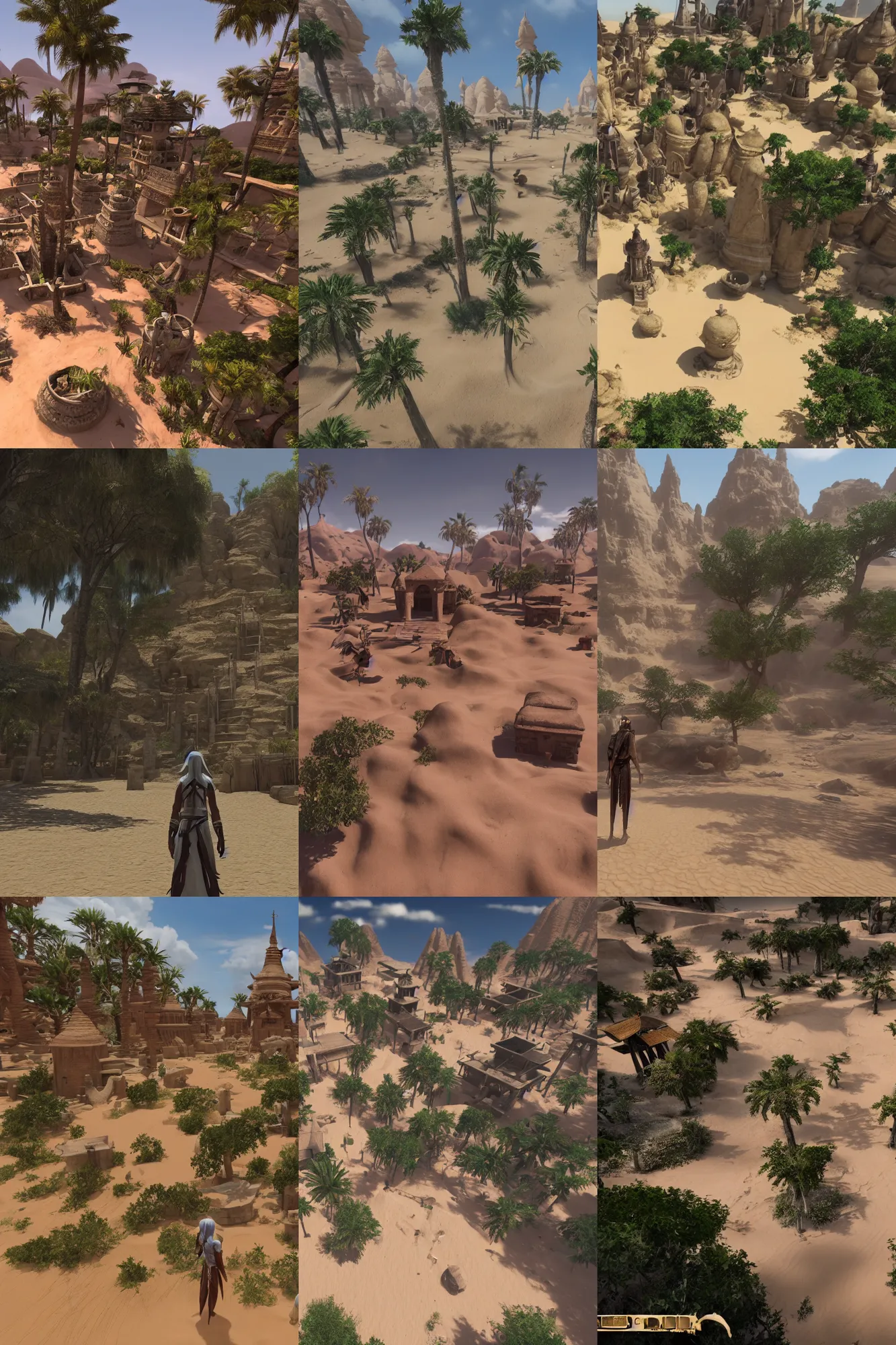 Prompt: an isolated inhabited religious warrior village with pale colored spiritual sacred alien architecture in the lush oasis of a vast sand desert, 3 rd person game, screenshot, gameplay, walkthrough, square enix, jrpg, cutscene, unreal engine, 4 k, rtx, next gen, tech demo