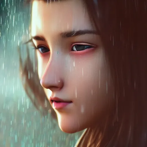 Prompt: beautiful aerith gainsborough, face centered portrait, confident, fog, rain, volumetric lighting, beautiful, golden hour, sharp focus, ultra detailed, cgsociety by leesha hannigan, ross tran, thierry doizon, kai carpenter, ignacio fernandez rios _ c 9. 5