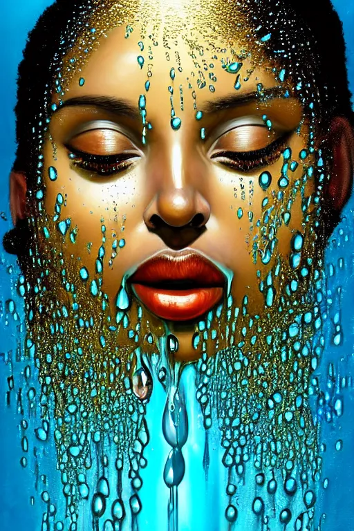 Image similar to photo realistic precisionist cinematic very expressive! oshun goddess, in water! john everett millais, mirror dripping droplet!, gold flowers, highly detailed face, digital art masterpiece, smooth eric zener cam de leon, dramatic pearlescent turquoise light on one side, low angle uhd 8 k, shallow depth of field