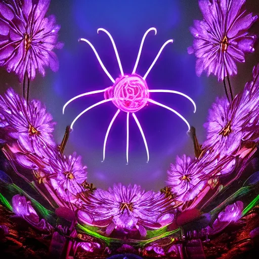 Prompt: electroluiniscent flower blooming at twilight, glow, wide-angle lens, beautiful, intricate, noctilucent, landscape, glowing neon, unreal engine