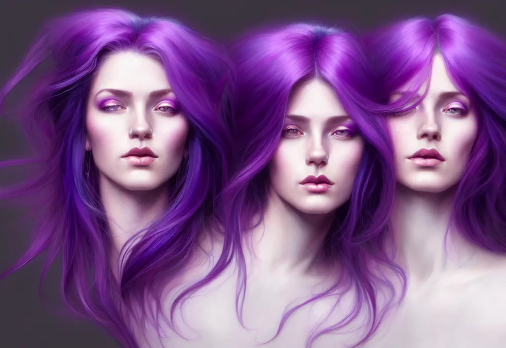 Image similar to Purple hair relistic Portrait of a two woman with bright colored flying hair, all shades of purple. Beauty face, Hair coloring, fantasy, intricate, elegant, highly detailed, digital painting, artstation, concept art, smooth, sharp focus, illustration, art by artgerm and greg rutkowski and alphonse mucha