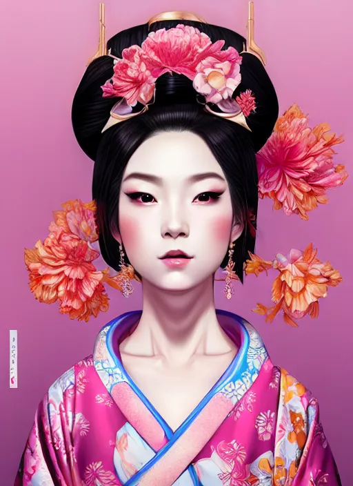 Image similar to dreamlike luxury stunning oiran portrait, pink pastel colours kimono, art by artgerm, wlop, loish, ilya kuvshinov, 8 k realistic, hyperdetailed, beautiful lighting, detailed background, depth of field, symmetrical face, frostbite 3 engine, cryengine,