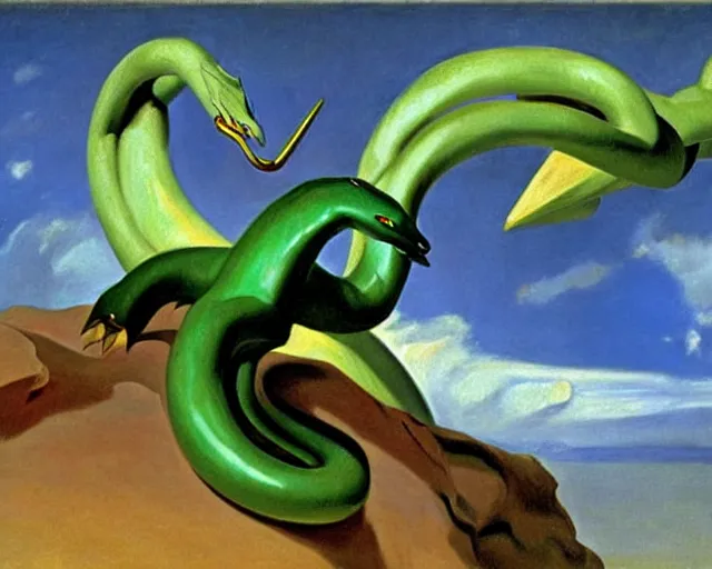 Image similar to painting of Rayquaza by John Singer Sargent, Magritte, Salvador Dali, Magritte, Salvador Dali, and John Singer Sargent