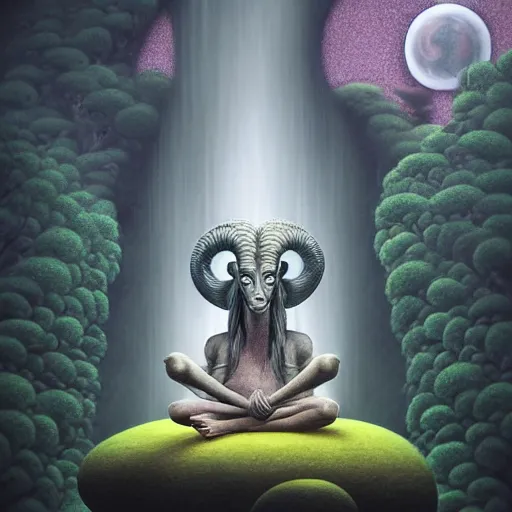 Prompt: an anthromorphic ram meditating in a zen garden with a waterfall under the blood moon, by Adi granov and afarin sajedi and amanda sage and evgeni gordiets and Agostino Arrivabene and adonna khare in a psychedelic portrait style, ultrarealistic matte painting, volumetric lighting, fractal, extremely symmetrical, highly detailed face, orisha, 8k, hd