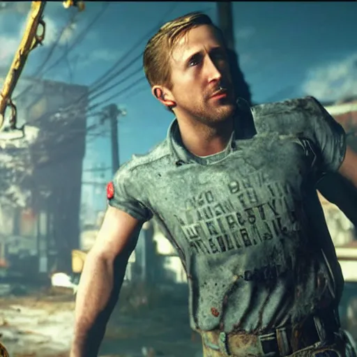 Prompt: ryan gosling kills a mutant in fallout 4