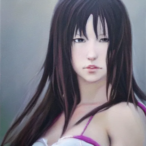 Image similar to a photorealistic painting of Tifa Lockhart it captures every detail of the artist’s female subject, such as the soft skin, flowing hair, and textured cottagecore clothing. Yasumoto Oka