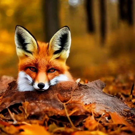 Image similar to a stunning close-up photo of a cute fox curled up on the forest floor lying on autumn leaves in a fall forest