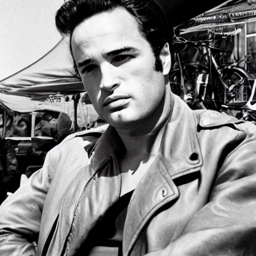 Prompt: portrait of Marlon Brando as a 50s biker