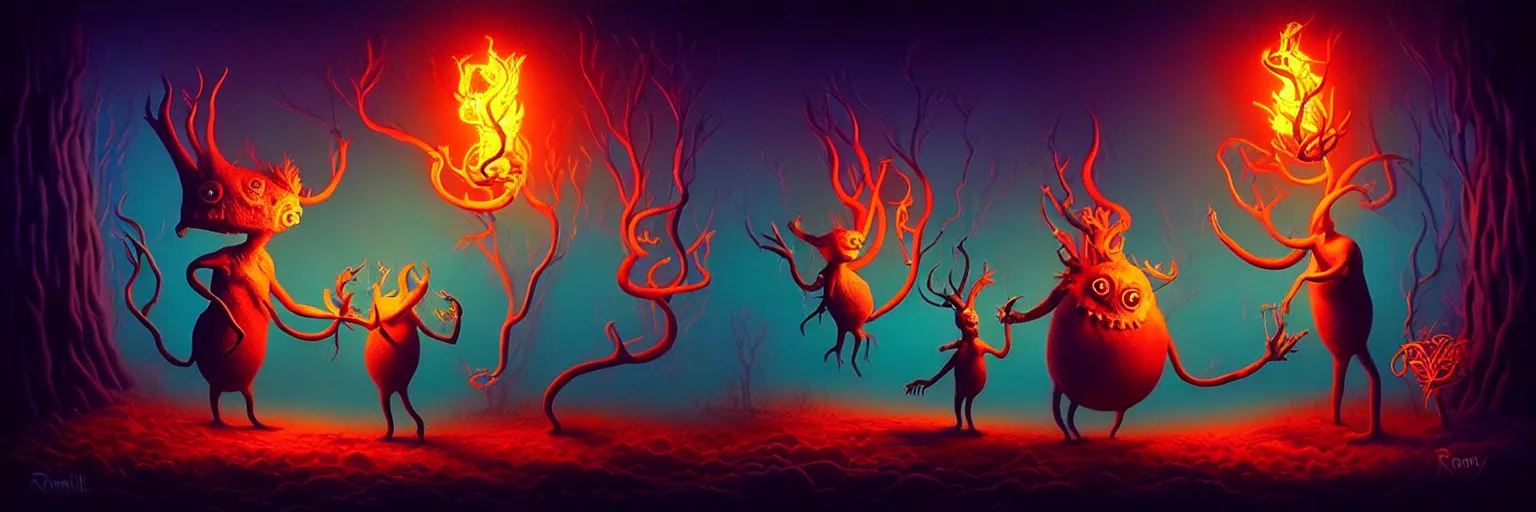 Image similar to whimsical creature freaks from the depths of the imagination, dramatic lighting from fire glow, surreal dark uncanny painting by ronny khalil