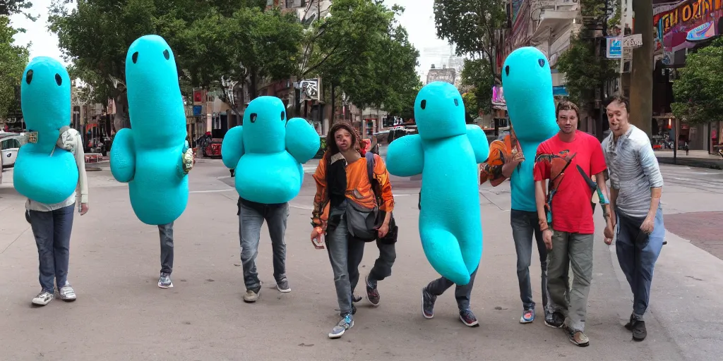 Image similar to huge turquoise weenies walk around the city