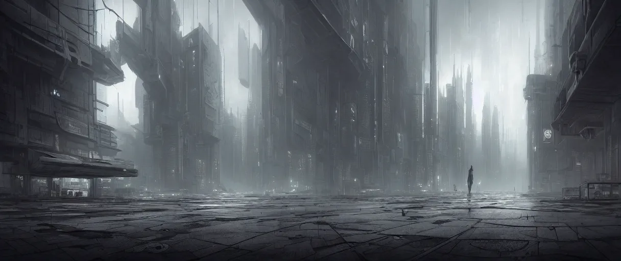 Image similar to dystopian cyberpunk world, with doors everywhere, grey sky, monochrome except doors, concept art, matte painting, high detail, doors on floor, dark, buildings made of doors, large scale, digital painting, style of jordan grimmer, high res