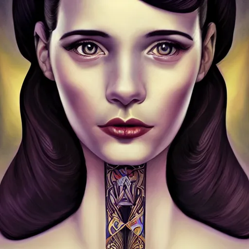 Image similar to an art nouveau, ( streamline moderne ), multi - racial portrait in the style of anna dittmann and charlie bowater and clyde caldwell. very large, clear, expressive, and intelligent eyes. symmetrical, centered, ultrasharp focus, dramatic lighting, photorealistic digital matte painting, intricate ultra detailed background.